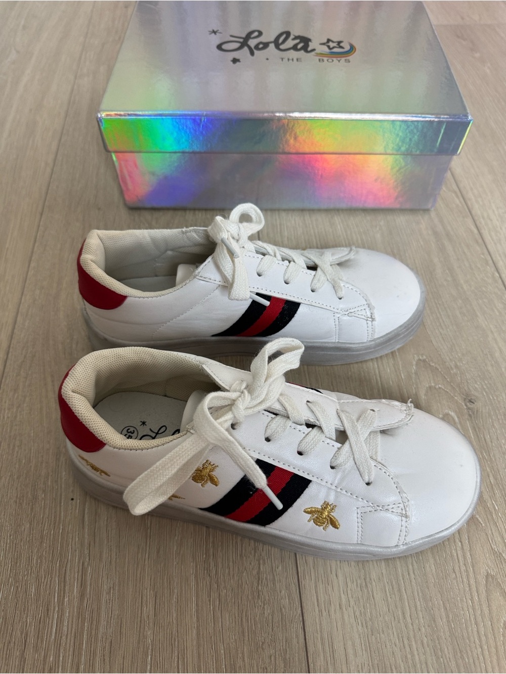 Lola + The Boys White Sneakers with Red & Black Stripe and Gold Bee - Picture 2 of 6